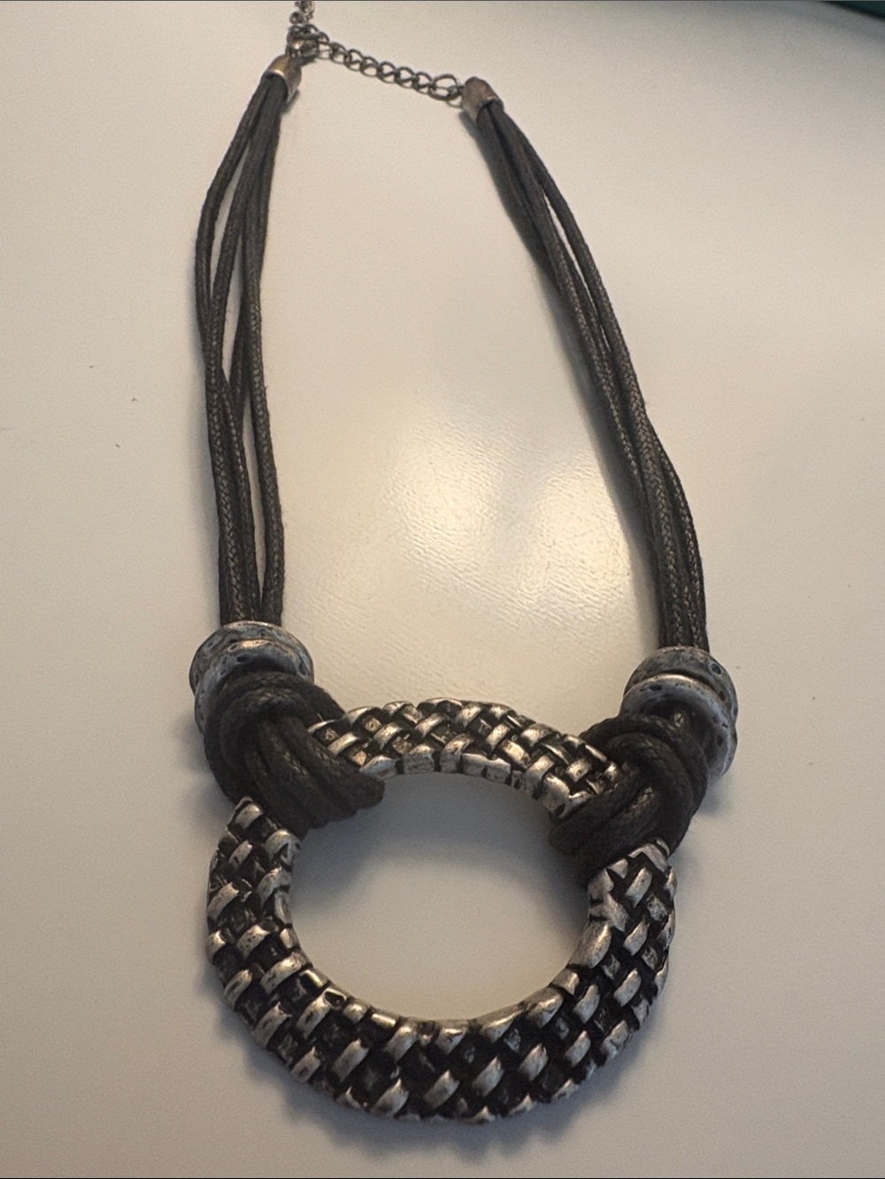 Source Unknown Black Cord Necklace with Braided Silver-Tone Ring